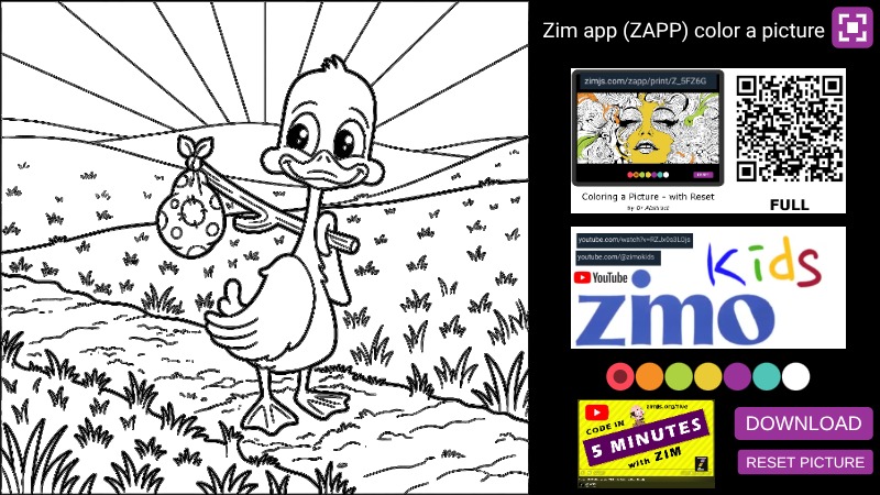 Zapp: Coloring picture duck: 1 picture (with reset) (as original DEMO ZIMjs) | ZIM JavaScript Canvas Framework - Code Creativity