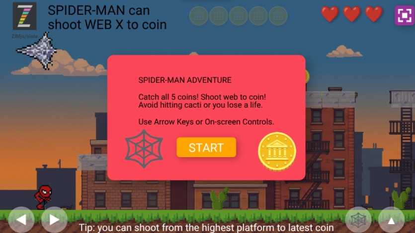 Zapp: Minecraft spiderMan walk+jumpshoot coins+ GAME (backings+shootLwrong) | ZIM JavaScript Canvas Framework - Code Creativity