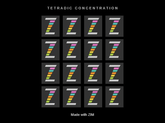 Zapp: <span style=color:#995599>CodePen</span><br>Tetradic Concentration - Memory Game | ZIM JavaScript Canvas Framework - Code Creativity