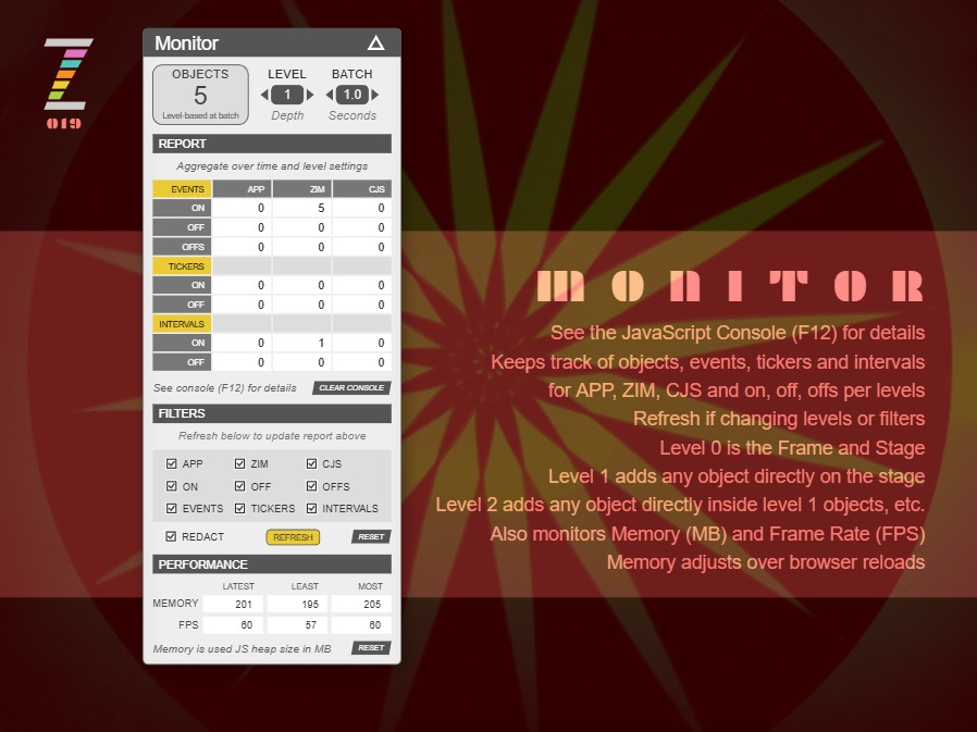 Zapp: <span style=color:#995599>019</span><br>ZIM 019 - Monitor | ZIM JavaScript Canvas Framework - Code Creativity